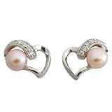 EXP Sterling Silver Floating Pink Pearl Heart Design Stud Earrings