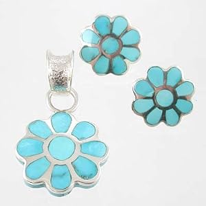 Southwestern Native American Handmade Turquoise Inlaid Flower Pendant and Earring Set by Michael Perry in Sterling Silver, #11564