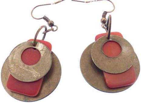 Red Rectangular Beach glass earrings hand drilled with circle embellishments