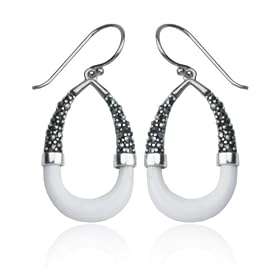 Sterling Silver Marcasite and White Agate Open Oval Drop Earrings by