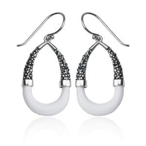 Sterling Silver Marcasite and White Agate Open Oval Drop Earrings