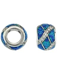 Sterling Silver Blue Synthetic Opal Inlay Barrel Bead Charm 7.5mm Hole w/ CZ stones, 3/8 inch
