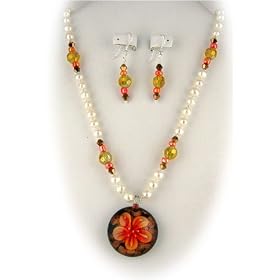 Murano Glass Orange Flower Pendant Freshwater Pearls Sterling Silver Necklace Earrings 1307