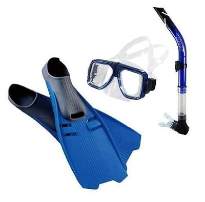  Snorkeling Package with a Universal Navigator Scuba Diving & Snorkeling Mask (Blue), a Tilos Splash Purge Snorkel (Blue) & a pair of Trident Full Foot Fins (Cobalt Blue/Size 4-6/X-Small) - Optional Prescription Lens are Available acquired from Tilos