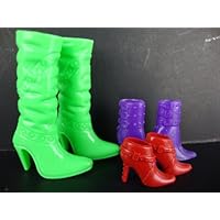 A Group of 3 Pairs of Boots in Green, Red and Purple Made to Fit the Barbie Doll