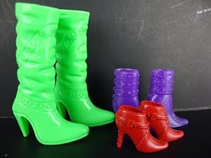 A Group of 3 Pairs of Boots in Green, Red and Purple Made to Fit the Barbie Doll