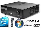 HTPCIntelBluray3d-625 w7  	Intel 1155 Core i5-2400 4x 3,1GHz (Turboboost auf 3,4GHz)  	4GB DDR3 (2x 2GB)  	Mainboard mit Intel-H67-Chipsatz (1x PS/2, 1xVGA, 1xDVI, 1xHDMI1.4, 1xOpticalSPDIF, 4xUSB2.0, 1xeSata2, 2xUSB3.0, 1xGB-LAN, 5xAudio, 4xDDR3-Steckplätze(2belegt))  	WD10EALX 1TB 1000GB Sata3 7200rpm 32MB  	Bluray-Combo (BR-Lesen/DVD-Brennen)  	Intel-HD2000-Grafik (DirectX 10.1, max.1759MB shared, HDMI1.4a, HD-Beschleunigung, Bluray3D)  	Gehäuse: Antec Fusion Remote Schwarz (Designgehäuse mit Fernbedienung, Lautstärkeregler und LCD-Display, 47mm (H) x 446mm (B) x 419mm (T) / BEQUIET 80+ Netzteil) DER SUPERLEISE POWER-WOHNZIMMER-PC “WELTNEUHEIT!” MIT WINDOWS7 HOME-PREMIUM 64BIT