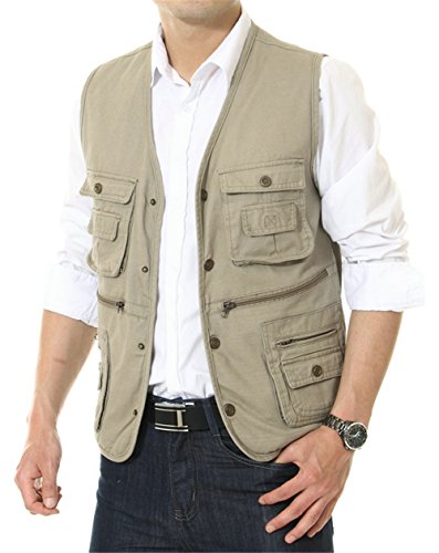 APTRO Men's 100% Cotton Outdoor Multi Pocket Vest Khaki M(Tag 2XL)