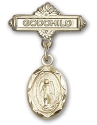 Gold Filled Baby Badge with Miraculous Charm and Godchild Badge Pin