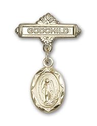 14K Gold Baby Badge with Miraculous Charm and Godchild Badge Pin