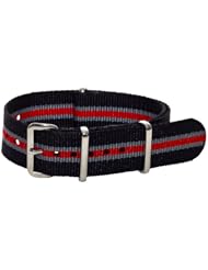 20mm Classic SS Nylon Striped Black / Grey / Red - Easily Interchangeable Replacement Military Watch Band / Strap - Fits All Watches!!!
