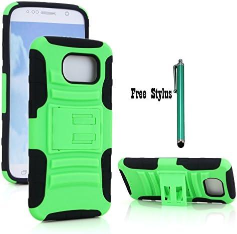 The Little Penguin Samsung Galaxy S6 Armor Protective Case - Shock &amp; Bump-proof Armor Hybrid Case with Built-in Kickstand for Samsung Galaxy S6 &amp; Stylus Pen + Fishbone Earphone Cord Organizer bundles (Kickstand Case - Black and Green) (Kickstand Case - Black and Green)