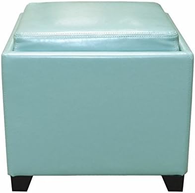 Single Piece Sky Blue Square Shape Small Storage Ottoman With Tray, Solid Pattern, Cocktail, Foam Leather Wood Material, Modern Fashionable, Contemporary Decor, Raised Pedestal Feet, Light Blue