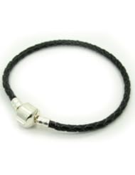 High Quality (Black 7.9" / 20cm) Real Leather Bracelet fit Beads PANDORA Chamilia, Zable, Carlo Biagi and 2 Clear Silicone Rubber Stoppers rings