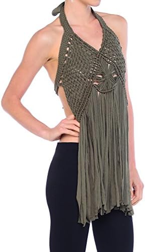 Sexy Crochet Fringe Open Back Sleeveless Halter Tank Top (Medium, Olive)