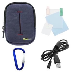 GTMax Snug Nylon Case - Ink Blue + Belt Clip + Data Cable + Screen Protector for Nikon COOLPIX P330, S3500, S3300, AW100, S6400, S6500, S9400, S9500, S4200, S9050, S9200; Panasonic DMC-ZS5, TS2, ZS7, ZS6K, FX100, FX700, FX75