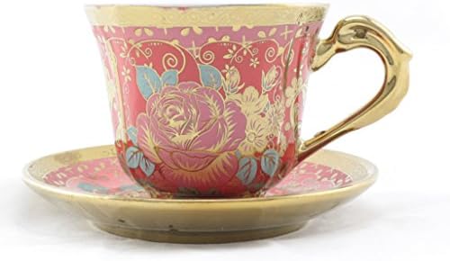 Ambilight Porcelain 6-ounce Coffee Cup and Saucer Red Chintz with Gold Trim,set of 1,Red,E1(1),outstanding decorative cups