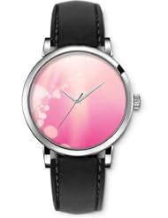 SPRAWL Aanalog Fashion Series Silver Ladies Watches of Genuine Black Leather Strap,Unique Wrist Watch for Women Girls Designed with White circles background pink