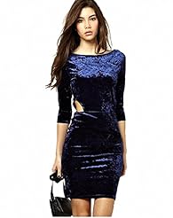Round Neck Elbow Length Sleeves Backless Velvet Bodycon Dress 