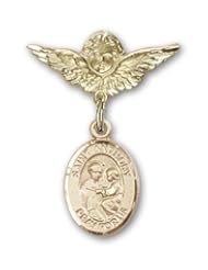 14K Gold Baby Badge with St. Anthony of Padua Charm and Angel with Wings Badge Pin