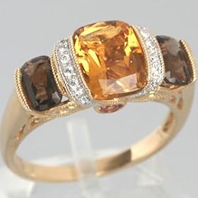 14K Yellow Gold Citrine, Smokey Quartz, Pink Tourmaline & Diamond Ring -... by Citrine Brooches