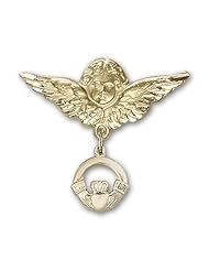 Gold Filled Baby Badge with Claddagh Charm and Angel w/Wings Badge Pin