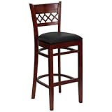 HERCULES Mahogany Finished Lattice Back Wood Bar Stool - Black Vinyl Seat - ....