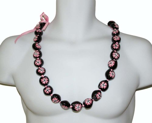 Black / Pink Flower - Kukui Nut Necklace, * Free Shipping From Hawaii