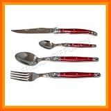 Original French LAGUIOLE - COMPLETE 24 pcs flatware set - RED color - in HEAVIER 25/10 stainless steel - blade : 2.5 mm thick: very sturdy - knives + soup spoons + dessert/coffee spoons + large forks (official authentic Jean DUBOST full family quality dinner table colour cutlery setting for 6 people - with CERTIFICATE of AUTHENTICITY - dishwasher safe! - gift-wrap available - direct from FRANCE)