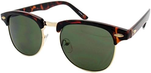 BLACK CLASSIC CLUBMASTER WAYFARER GOLD ACCENT HALF FRAME SUNGLASSES-Tortoise w Green Lens