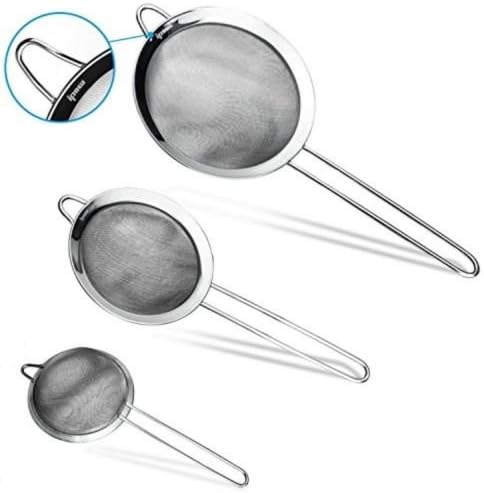 Stainless Steel Fine Strainer set of 3 different size mesh is very convenient to choose for your kitchen Small size:2 75 inch,Middle size:4 72 inch,large size:7 inch,