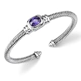 Ethereal Radiance: Designer Inspired Sterling Silver Cable Style Bangle Bracelet with Purple Amethyst CZ by Peora
