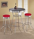 2 Red Vinyl Barstools and Black Table Set