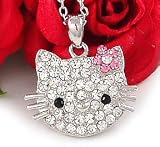 Cute Pink Flower Kitty Charm Necklace Silver Tone Covered in Crystals