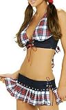 Sexy School Girl Halter Top & Skirt in Country Red Black White Plaid 2pcs