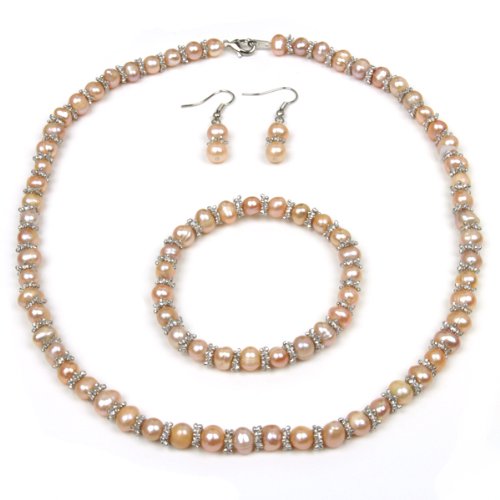 6mm Pink Freshwater Peach Necklace Earrings Bracelet Set 18