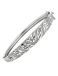 Silver Rhodium Plated Polish 7.25" 4.8-1.3mm Clear Micropave Cubic Zirconia Graduated Black And White Wavey Top Round Bangle With Side Clasp