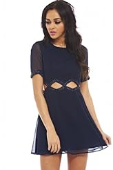 Sleeveless Chiffon/Polyester Jeweled Cutout Skater Dress 