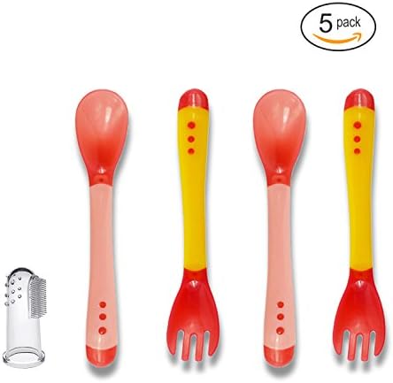 (5 Piece Pack Set) Babe4Babe Baby Heat Sensing Sensitive Flexible Soft Tip Spoons Forks Utensils BONUS Fingertip Toothbrush Included BPA FDA Approved Lead Free Non-Toxic High Quality Easy Cleaning