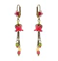 Michal Negrin Dangle Earrings with Hand Painted Lilys, Beads and Fuchsia Swarovski Crystals