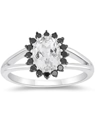 0.25 Cts Black Diamond & 1.80 Cts White Topaz Cluster Ring in 10K White Gold