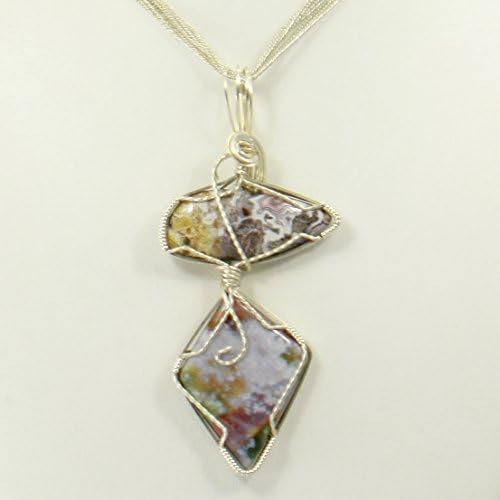 Crazy Lace Agate and Fancy Bloodstone Wire Wrap Gemstone Pendant, Silver Wire Sculpture Artisan Fashion Necklace Includes Chain