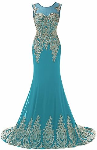 Gold Appliques Aqua Chiffon Evening Gown Wedding Party Mother Prom Dresses 8