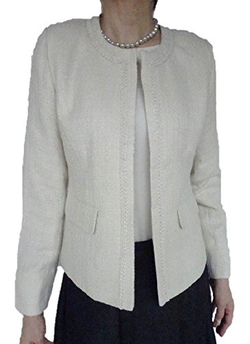 D&L co.ltd（ディーアンドエル） 秋 ジャガード レディース ツイード ノーカラー ジャケット オフ ホワイト