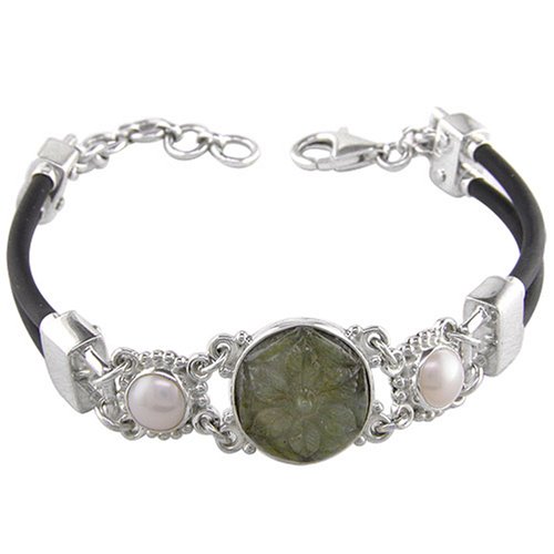 Childrens Toyshop  Jewelry : Sterling Silver Labradorite and White Freshwater Cultured Pearl w/ Black Rubber Cord Bracelet by Sajen