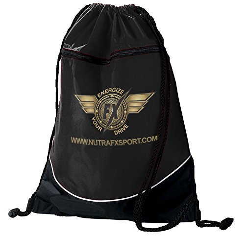 NutraFx Drawstring Backpack Bag Bodybuilding Sports Nutrition Gym Bag Black with White Accent Piping