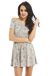 Flared-Skirt Off the Shoulder Cotton/Elastane/Polyester Floral Print Skater Dress 