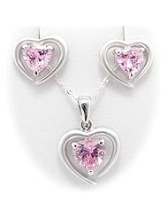 Sterling Silver Pink CZ Heart Pendant Earrings Flat Cable Chain 18 inch