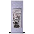 Handmade Asian Wall Art Scroll Painting On Textured Blue Brocade - Himalayan Mountain Temple