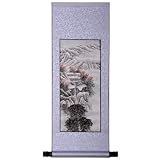 Handmade Asian Wall Art Scroll Painting On Textured Blue Brocade - Himalayan Mountain Temple